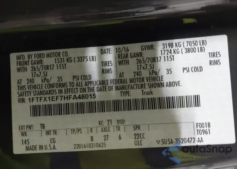 2017 Ford F-150 Xl from USA, damaged, VIN 1FTFX1EF7HFA48015